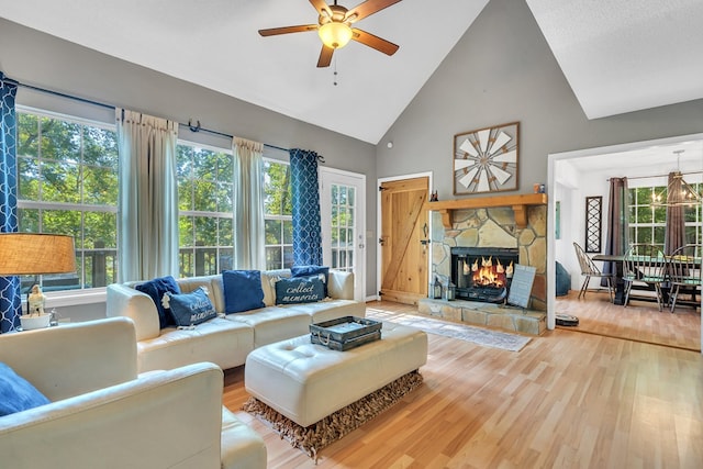 living room with hardwood / wood-style flooring, a healthy amount of sunlight, a fireplace, and high vaulted ceiling