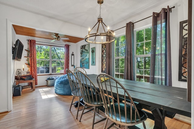 dining room featuring a textured ceiling, light hardwood / wood-style floors, and ceiling fan with notable chandelier