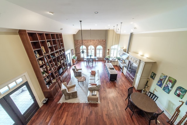 living room with high vaulted ceiling and dark wood-type flooring