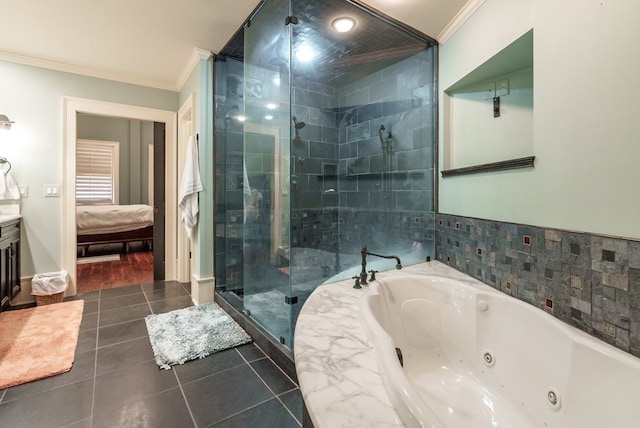 bathroom featuring tile patterned flooring, independent shower and bath, and ornamental molding