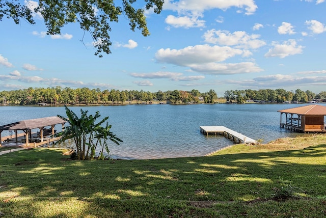 view of dock featuring a water view and a yard