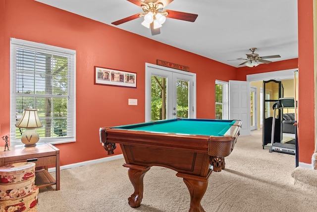 rec room with light carpet, french doors, ceiling fan, and billiards