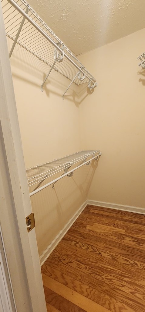 walk in closet with wood finished floors