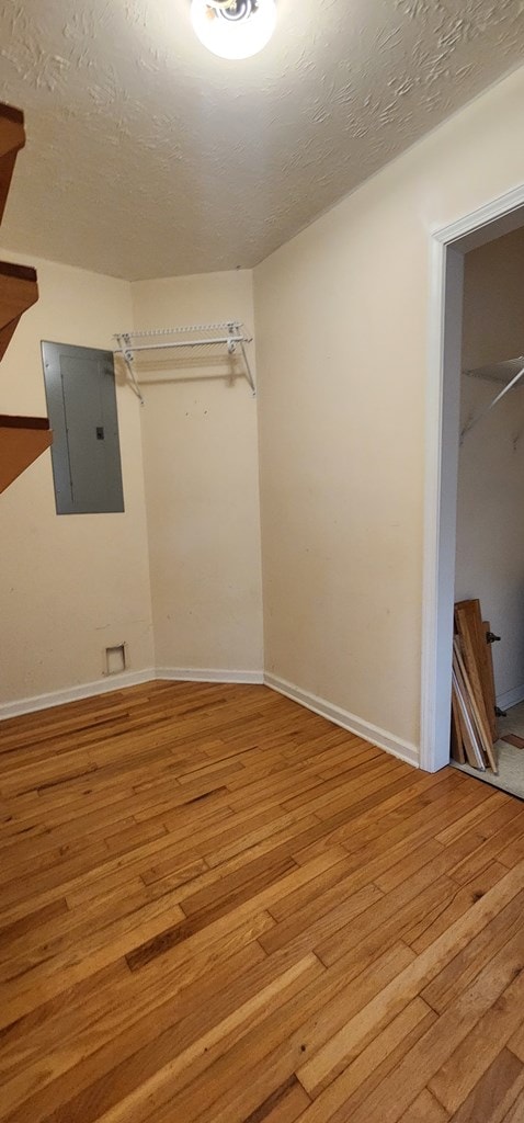 spacious closet featuring light wood finished floors and electric panel