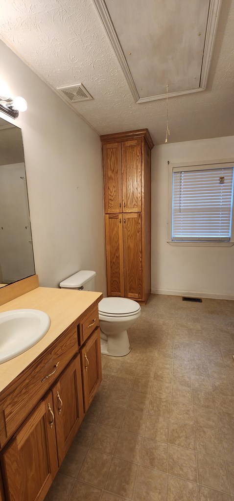 bathroom with toilet, visible vents, a textured ceiling, and vanity