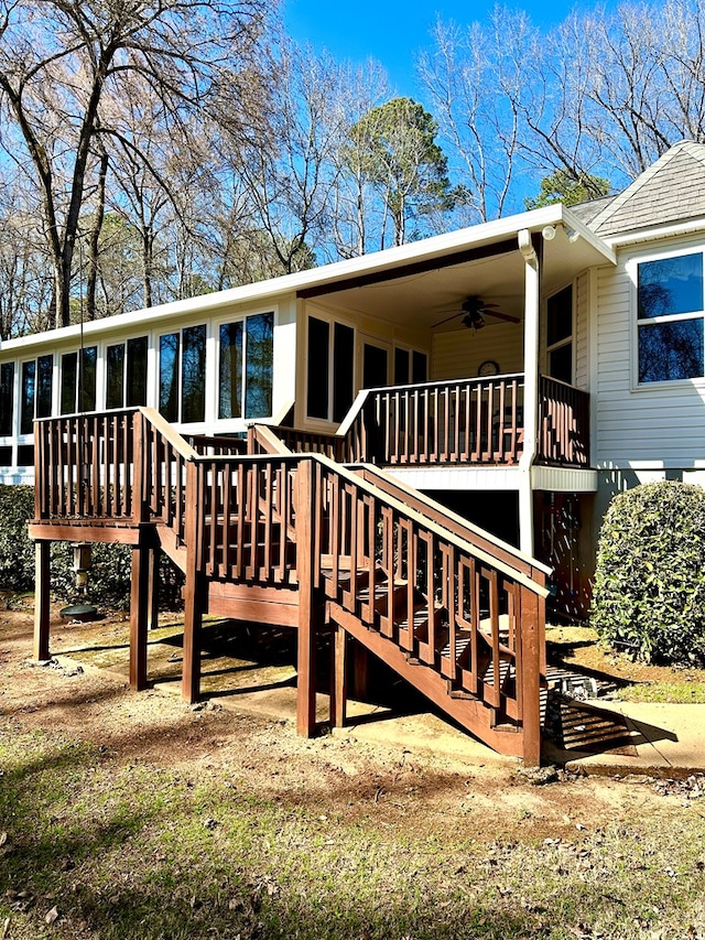 rear view of property with a ceiling fan, a sunroom, roof with shingles, and stairs