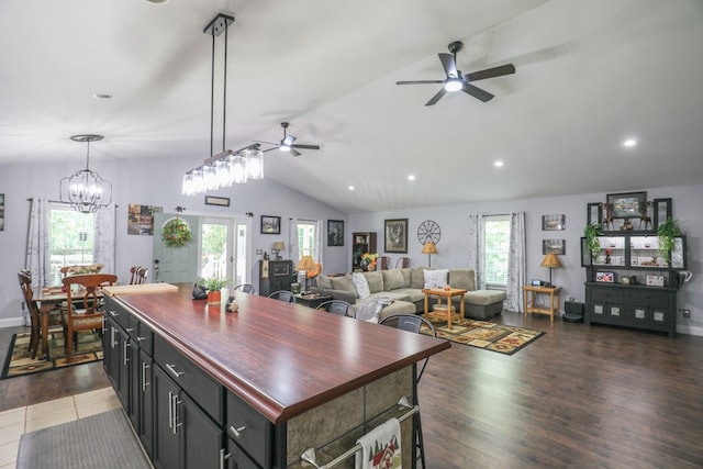 287 Napier Rd, Eatonton, GA 31024 - kitchen featuring a ceiling fan, vaulted ceiling, recessed lighting, open floor plan, and butcher block counters