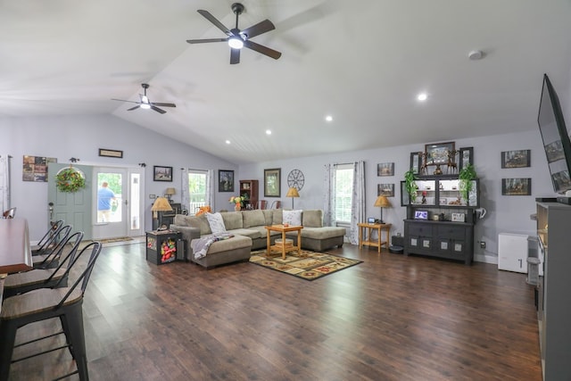 287 Napier Rd, Eatonton, GA 31024 - living area featuring lofted ceiling, ceiling fan, plenty of natural light, dark wood-type flooring, and recessed lighting