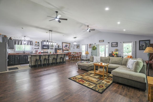 287 Napier Rd, Eatonton, GA 31024 - living room with ceiling fan, vaulted ceiling, wood finished floors, and recessed lighting