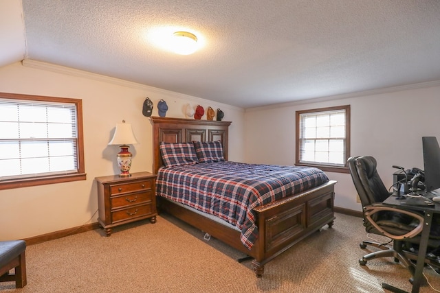 3715 Sinclair Dam Rd, Milledgeville, GA 31061 - bedroom featuring carpet, a textured ceiling, lofted ceiling, baseboards, and ornamental molding