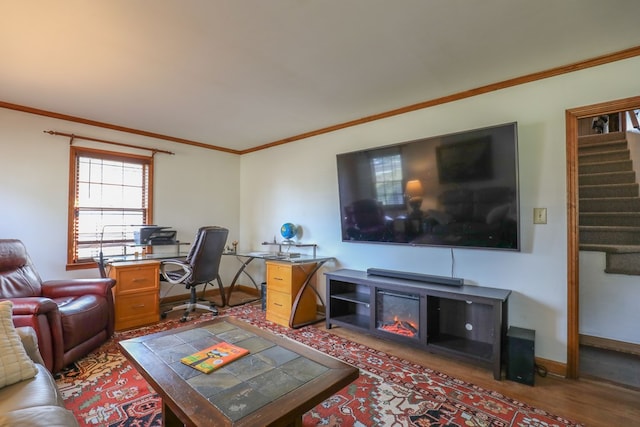 3715 Sinclair Dam Rd, Milledgeville, GA 31061 - living area with baseboards, wood finished floors, stairway, and crown molding