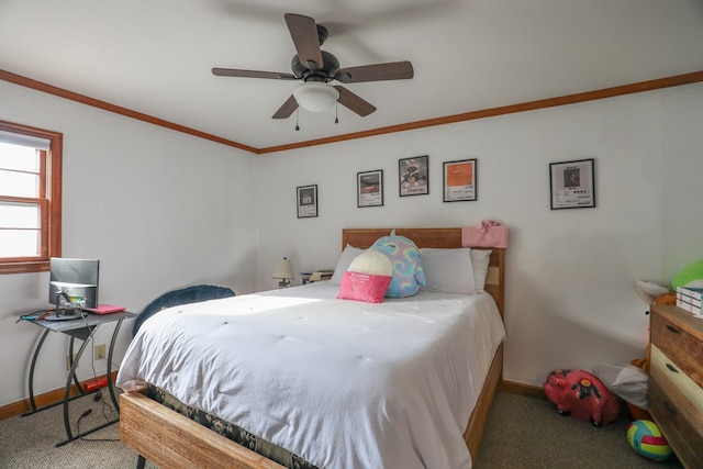 3715 Sinclair Dam Rd, Milledgeville, GA 31061 - bedroom featuring a ceiling fan, carpet floors, ornamental molding, and baseboards