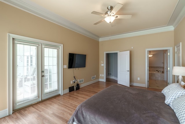116 Island Dr, Milledgeville, GA 31061 - bedroom featuring ornamental molding, light wood-type flooring, access to exterior, baseboards, and a ceiling fan