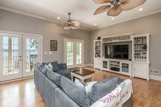 116 Island Dr, Milledgeville, GA 31061 - living area featuring a ceiling fan, ornamental molding, recessed lighting, french doors, and baseboards