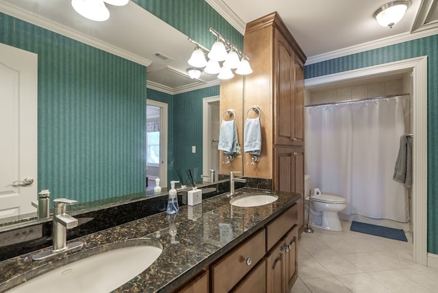 116 Island Dr, Milledgeville, GA 31061 - bathroom featuring wallpapered walls, toilet, tile patterned floors, ornamental molding, and double vanity