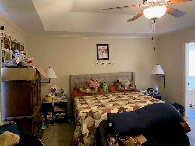 1683 Sara Hunter Ln, Milledgeville, GA 31061 - carpeted bedroom featuring a raised ceiling, ornamental molding, and a ceiling fan