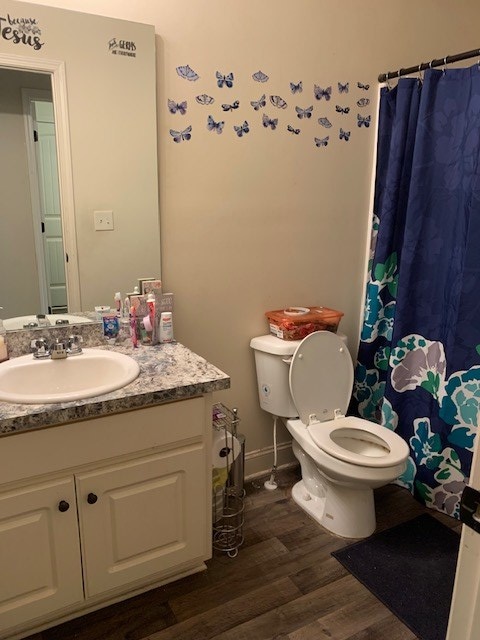 1683 Sara Hunter Ln, Milledgeville, GA 31061 - bathroom with wood finished floors, vanity, and a shower with curtain