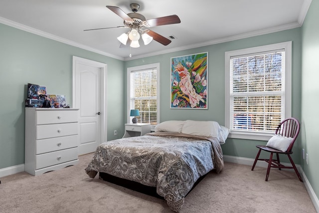 bedroom with multiple windows, ornamental molding, and light colored carpet