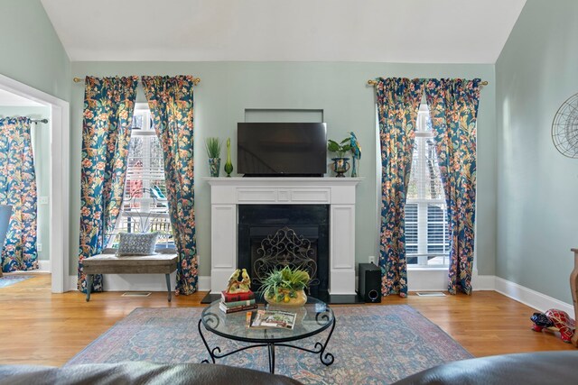 living room featuring light wood-type flooring and vaulted ceiling