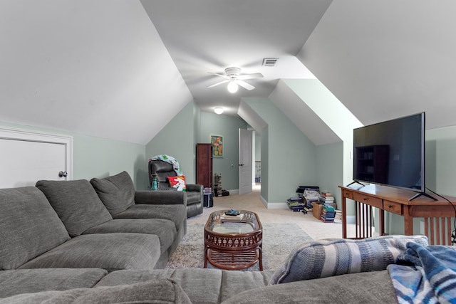 carpeted living room with lofted ceiling and ceiling fan