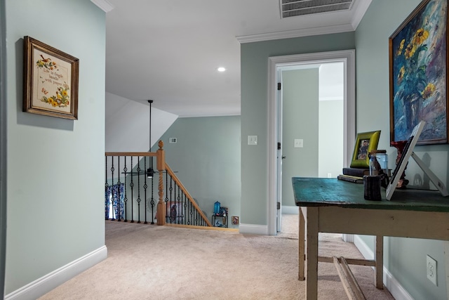 office space featuring ornamental molding and carpet