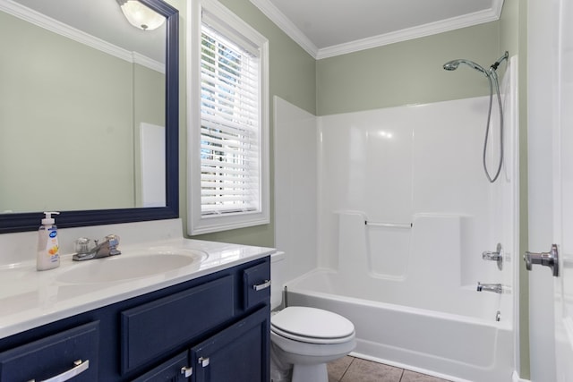 full bathroom with  shower combination, tile patterned flooring, vanity, ornamental molding, and toilet