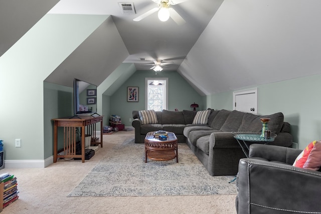 carpeted living room featuring lofted ceiling and ceiling fan