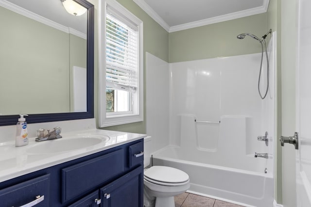 full bathroom featuring crown molding, plenty of natural light, tile patterned flooring, and vanity