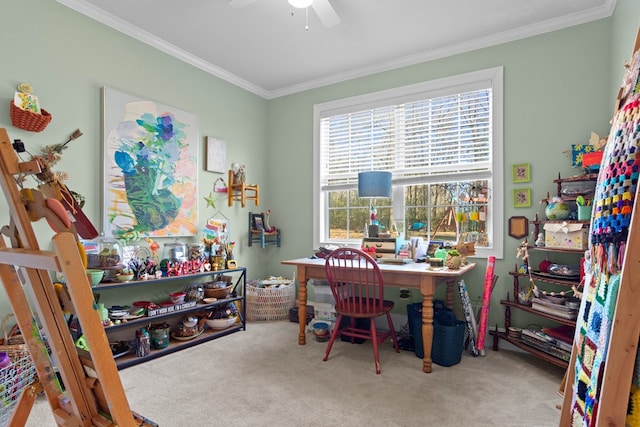 playroom featuring crown molding, ceiling fan, and carpet