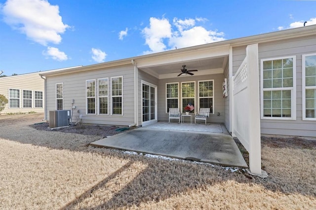 back of house with central AC unit, a patio, and ceiling fan