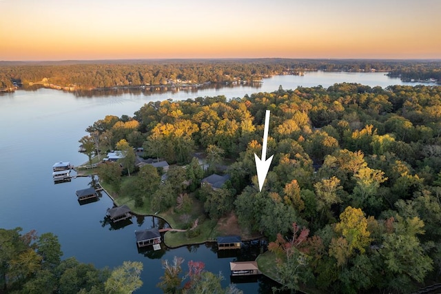 aerial view at dusk with a water view