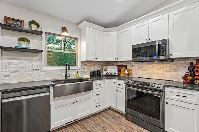 kitchen with stainless steel appliances, wood finished floors, a sink, white cabinets, and dark countertops