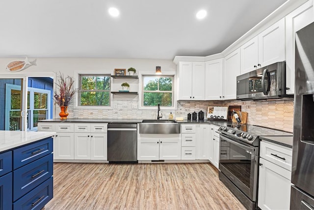 kitchen with appliances with stainless steel finishes, a sink, white cabinets, and blue cabinets