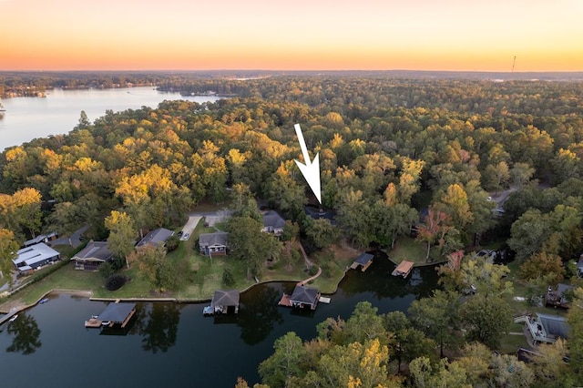 aerial view at dusk featuring a water view and a view of trees