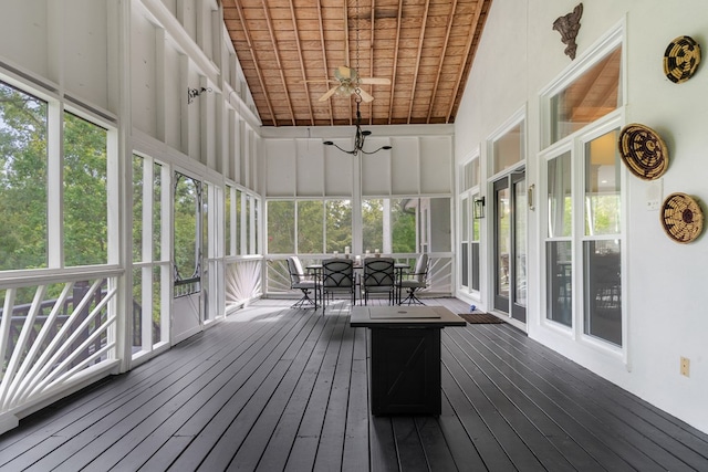 unfurnished sunroom featuring a wealth of natural light, ceiling fan, wooden ceiling, and lofted ceiling