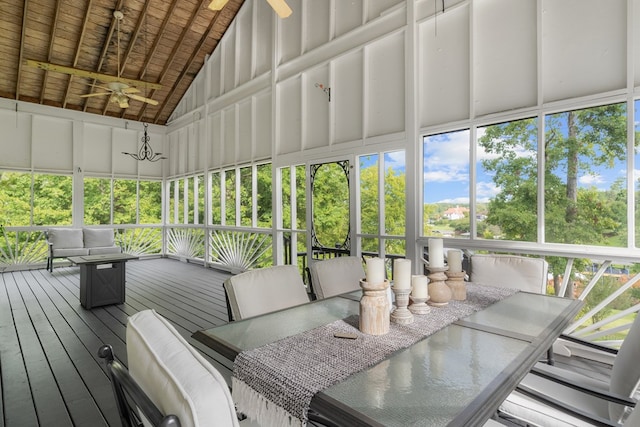 sunroom / solarium with wood ceiling, ceiling fan, and lofted ceiling with beams