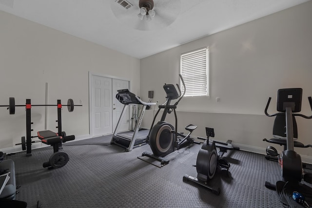 exercise area featuring ceiling fan