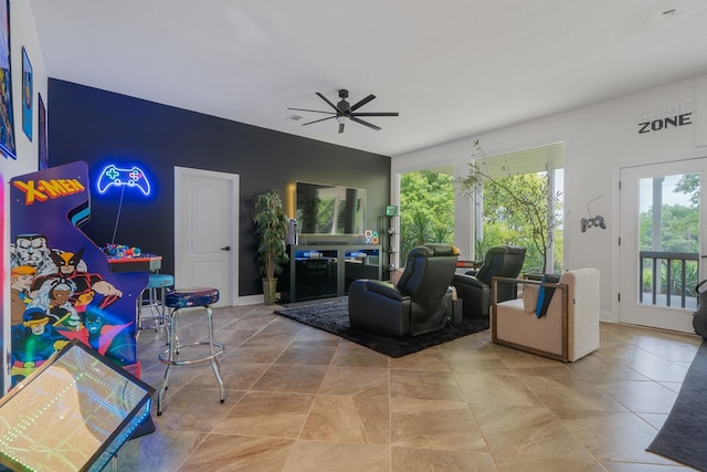 living room with ceiling fan