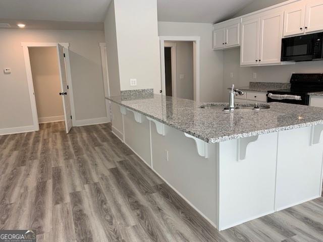 465 Riley Cir, Milledgeville, GA 31061 - kitchen featuring black appliances, light stone counters, light wood-type flooring, vaulted ceiling, and recessed lighting