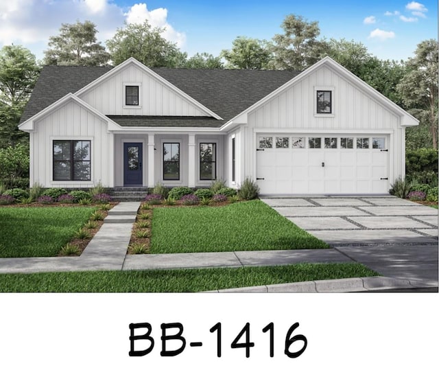 view of front of property with board and batten siding, a front lawn, concrete driveway, and roof with shingles