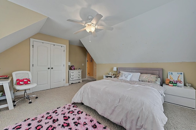 229 Old Plantation Trl, Milledgeville, GA 31061 - bedroom with a closet, ceiling fan, carpet flooring, and lofted ceiling
