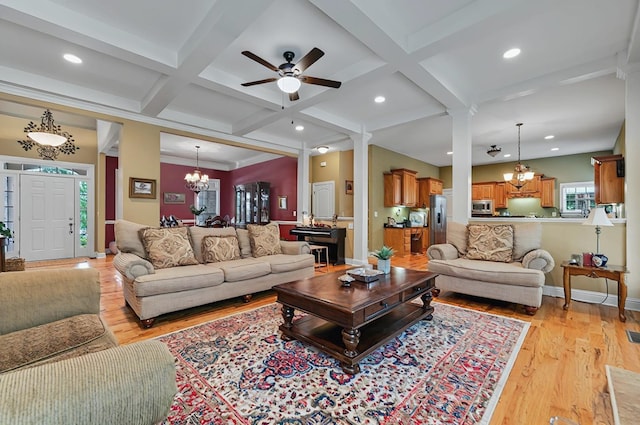 229 Old Plantation Trl, Milledgeville, GA 31061 - living room featuring beam ceiling, ceiling fan with notable chandelier, recessed lighting, light wood-type flooring, and coffered ceiling