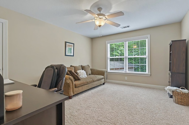 229 Old Plantation Trl, Milledgeville, GA 31061 - home office with baseboards, light carpet, a ceiling fan, and visible vents