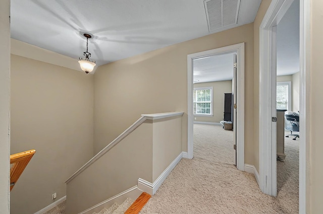 229 Old Plantation Trl, Milledgeville, GA 31061 - hall featuring a healthy amount of sunlight, visible vents, carpet, and an upstairs landing