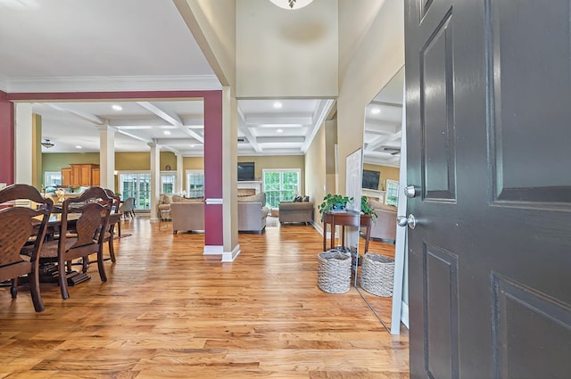 229 Old Plantation Trl, Milledgeville, GA 31061 - entryway with crown molding, beam ceiling, light wood-style floors, decorative columns, and coffered ceiling