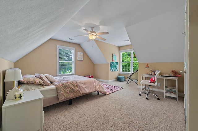 229 Old Plantation Trl, Milledgeville, GA 31061 - bedroom with a ceiling fan, visible vents, vaulted ceiling, carpet floors, and baseboards