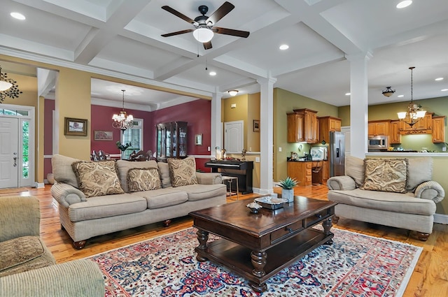 229 Old Plantation Trl, Milledgeville, GA 31061 - living room with ceiling fan with notable chandelier, recessed lighting, decorative columns, light wood-type flooring, and coffered ceiling