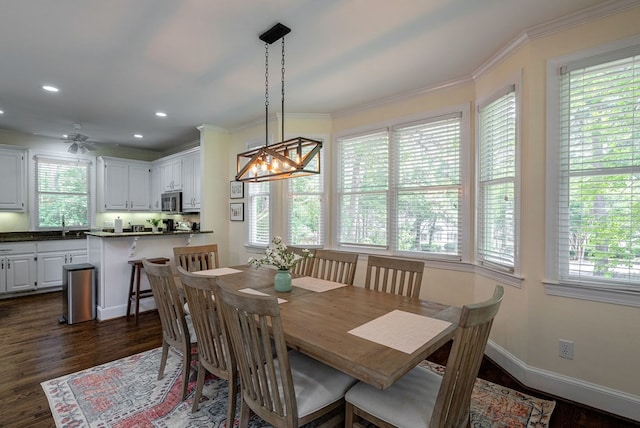 dining area featuring plenty of natural light, dark wood-type flooring, crown molding, ceiling fan, and recessed lighting
