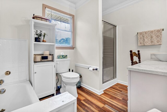 100 Cross Plains Hulett Rd, Carrollton, GA 30016 - full bathroom featuring a shower with door, wood finished floors, toilet, and crown molding