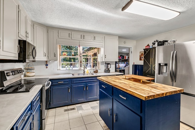 100 Cross Plains Hulett Rd, Carrollton, GA 30016 - kitchen featuring wood counters, appliances with stainless steel finishes, white cabinetry, a sink, and blue cabinets